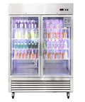 Heavy Duty 54 Inch Upright Commercial Beverage Refrigerator 42 Cubic Foot Stainless Steel Double Glass Door Beer Cooler For Bars Restaurants And Garages Featuring Fast Chill Cooling Technology displaying colorful bottled drinks.