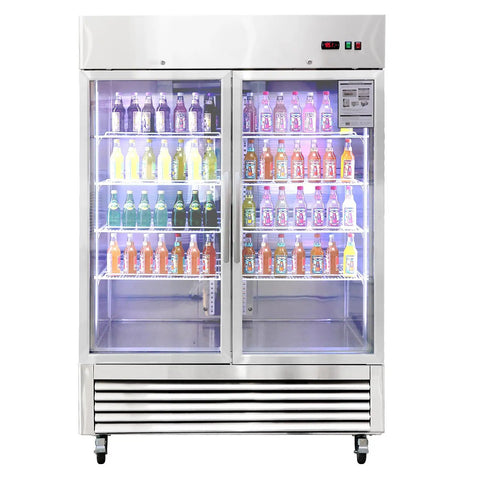 Heavy Duty 54 Inch Upright Commercial Beverage Refrigerator 42 Cubic Foot Stainless Steel Double Glass Door Beer Cooler For Bars Restaurants And Garages Featuring Fast Chill Cooling Technology displaying colorful bottled drinks.