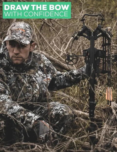 Hunter with Crossbow Power Draw Rope Crank Device That Slashes Draw Weight By 70 Percent For Easy Cocking MIL SPEC tube mount