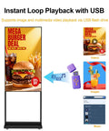 55 Inch 4K Indoor Floor Stand Digital Signage With 1000 Nits Brightness And No Fuss Rolling Base For Quick Retail Setup Android Smart Advertising Display With Wifi Plug Play Flexibility showcasing burger advertisement and USB playback feature.