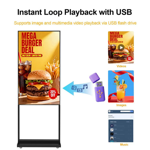 55 Inch 4K Indoor Floor Stand Digital Signage With 1000 Nits Brightness And No Fuss Rolling Base For Quick Retail Setup Android Smart Advertising Display With Wifi Plug Play Flexibility showcasing burger advertisement and USB playback feature.