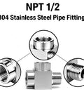 Heavy Duty 1/2 Inch Npt Tee Pipe Fitting Built Tough Using Premium 304 Stainless Steel For Bulletproof Three Way Female And Male Connections On Gas Air Lines And Brewery Systems close-up of threaded ends