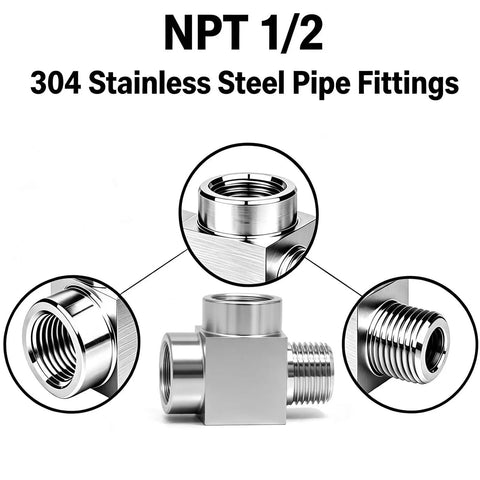Heavy Duty 1/2 Inch Npt Tee Pipe Fitting Built Tough Using Premium 304 Stainless Steel For Bulletproof Three Way Female And Male Connections On Gas Air Lines And Brewery Systems close-up of threaded ends