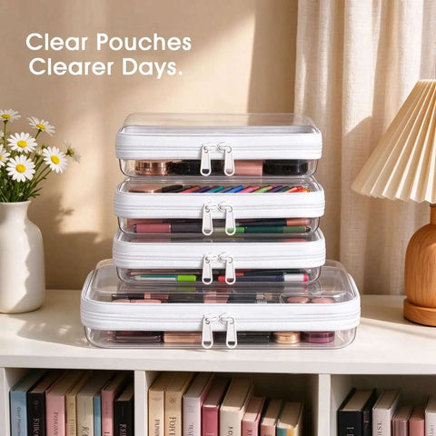 Hella Organized Travel Toiletry Bag Set Includes Four Clear Hard Shell Zipper Pouches For Cosmetic Makeup Organizer And Diaper Bag Portable Packing Essentials on display.