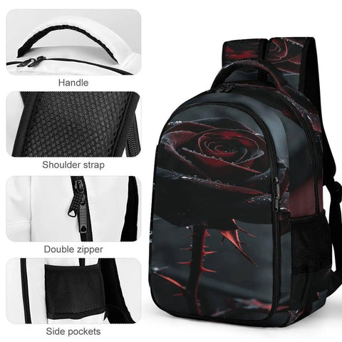 Thorny Wet Rose Printed Unisex Backpack With Big Capacity Durable Polyester featuring handle, shoulder strap, zipper, side pocket