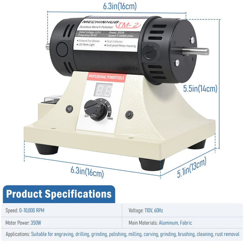 Compact Digital Jewelry Polisher And Bench Buffer With Solid Cast Iron Base For Home Shops And Dental Kits, features 350W motor and digital display.