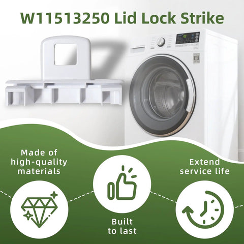 Direct Fit Lid Strike Replacement For Whirlpool And Maytag Washers W11513250 W11391550 OEM Parts AP7002929 PS16543459 EAP16543459 White 1 Pc Easy Install Durable Lock Hassle Free Repair shown with washer