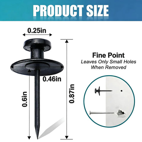 Sleek Double Headed Picture Hanging Nails For Drywall Renter Friendly Push Pins With Hand Protector Set Of 50, showing dimensions.