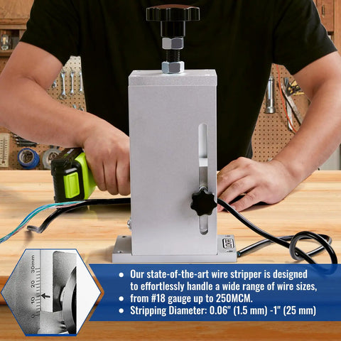 Manual Wire Stripper Machine For Drill With Hand Crank Portable 0.06 To 1 Inch Cable Stripping Tool shown in action