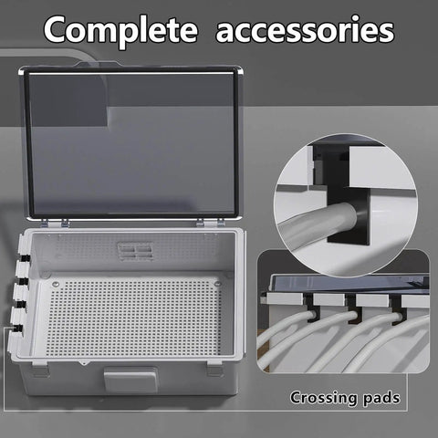 Rugged Outdoor Ready Ventilated ABS Electrical Junction Box with IP65 Waterproof Enclosure, clear cover open, showing cable grommets.