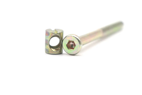 No Sweat M8 X 100mm Barrel Screw And Nut Kit With Allen Wrench Included, close-up of bolt and barrel nut, zinc coated steel.