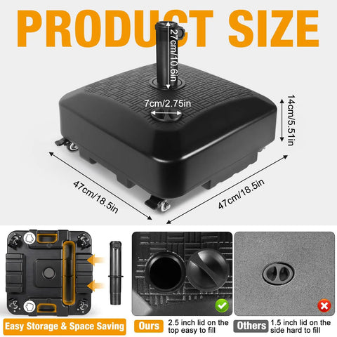 Heavy Duty 125Lb Fillable Umbrella Base With Wheels Outdoor Patio Stand For Stability And Easy Mobility Tough As Nails Heavy Duty Mobile Base Weighted Rolling Stand In Black All Weather HDPE Construction with dimensions 47cm x 47cm x 14cm