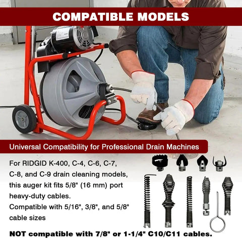 Professional Grade 10 Piece Heavy Duty Drain Snake Drill Attachment And Auger Tool Kit for clearing stubborn kitchen and bathroom clogs.
