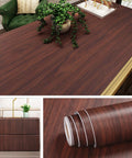 Slick Peel And Stick Countertop Wrap Featuring Sweet Dark Walnut Wood Grain Waterproof Self Adhesive Vinyl on a desk
