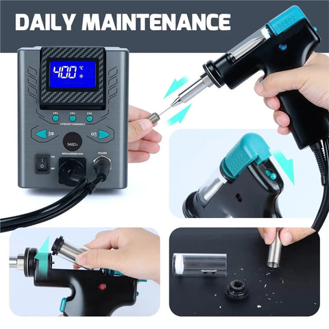 Pro Grade High Power 110W Desoldering Station Kit With 380 To 480 C Adjustable Temp And LCD Display Model 948D I in use