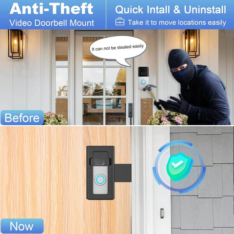 No-Drill Anti-Theft Doorbell Mount For Video Doorbells, installed on door, showing adjustable bracket, fits 1-4th gen models