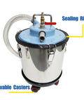 Badass Pneumatic Shop Vacuum Workhorse Crushes Any Workshop Mess With Hella Strong Wet Dry Suction stainless steel drum with movable casters.
