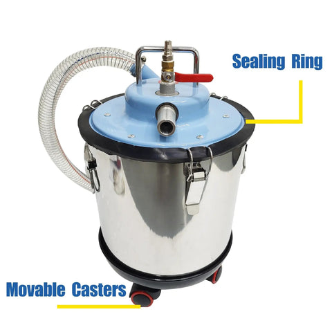 Badass Pneumatic Shop Vacuum Workhorse Crushes Any Workshop Mess With Hella Strong Wet Dry Suction stainless steel drum with movable casters.