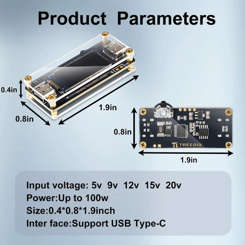Slick Plug And Play Usb Type C Pd Trigger Module With Dial It In Voltage Setting From Five To Twenty Volts And Steady Five Amp Output Packing Real Time Lcd Readouts For Quick Repair Work dimensions 0.4x0.8x1.9 inches.