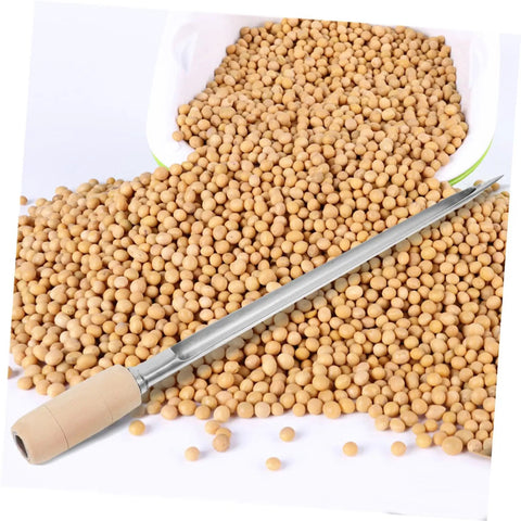 Stainless Steel Grain Sampler With Wooden Handle For Wheat And Rice Sampling, probe on soybeans for quick checks, farm-grade tool.