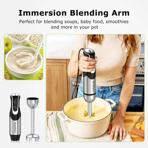 Badass 4 in 1 Immersion Blender with Food Processor and Egg Whisk blending potatoes in a pot, shown with blending arm and whisk attachment.
