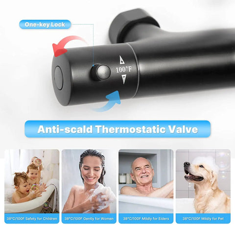 Thermostatic Rain Shower System With 9 Inch High Pressure Rain Shower Head And Handheld Set Matte Black Wall Mounted Shower Mixer With Tub Spout Pro Grade Spa Vibe For Everyday Refresh showing anti-scald valve.