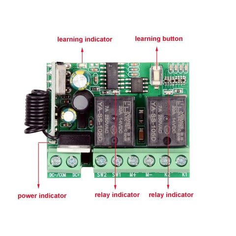 Top view of Wireless DC Motor Remote Control Switch 8V To 36V 433MHz 10A showing learning buttons, power and relay indicators.