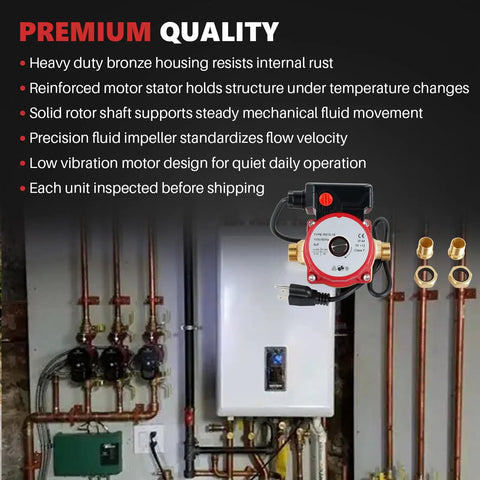 Real Deal Bronze Circulator Pump For Hot Water Recirculation And Hydronic Heating Systems With Tough As Nails Housing And Smooth Operator 115 Volt Drive Replacement in a plumbing setup.