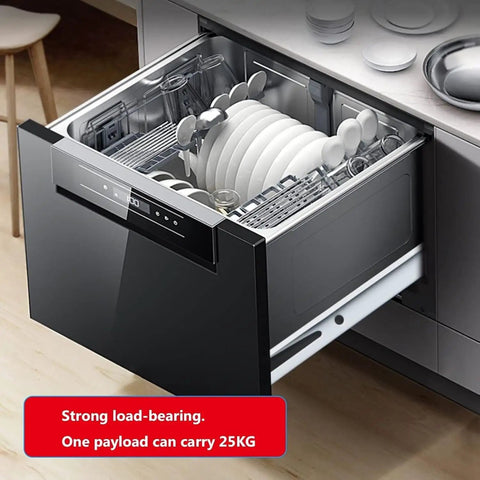 Heavy Duty Metal Drawer Slides 450mm Pack of Four White Roller Rails Cold Rolled Steel Construction shown with loaded dishwasher.