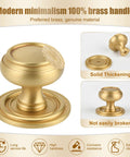 Brushed Gold Solid Brass Cabinet Knobs 5 Pack 1.18 Inch Diameter Drawer Pulls For Kitchen Cabinets And Wardrobes, antique modern style, details shown