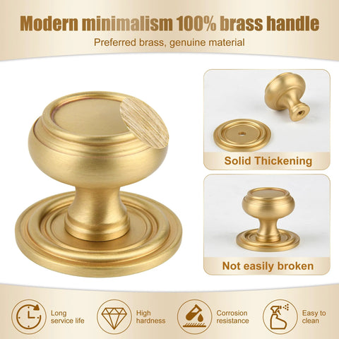 Brushed Gold Solid Brass Cabinet Knobs 5 Pack 1.18 Inch Diameter Drawer Pulls For Kitchen Cabinets And Wardrobes, antique modern style, details shown