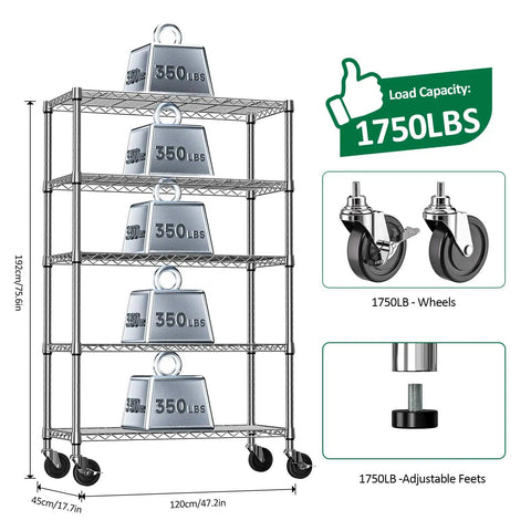 No Sweat Five Tier Rolling Storage Shelving Unit With Hella Sturdy Chrome Steel Wire Racks And Locking Caster Wheels For Heavy Duty Garage Kitchen Pantry And Basement Organization Plus 1750 Lbs Load Capacity