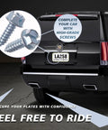 Straight Up Premium Chrome License Plate Screws For Your Sweet Ride Rustproof Anti Rattle Bolt Kit 100 Piece Set mounted on vehicle