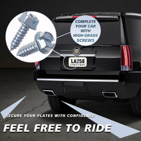 Straight Up Premium Chrome License Plate Screws For Your Sweet Ride Rustproof Anti Rattle Bolt Kit 100 Piece Set mounted on vehicle