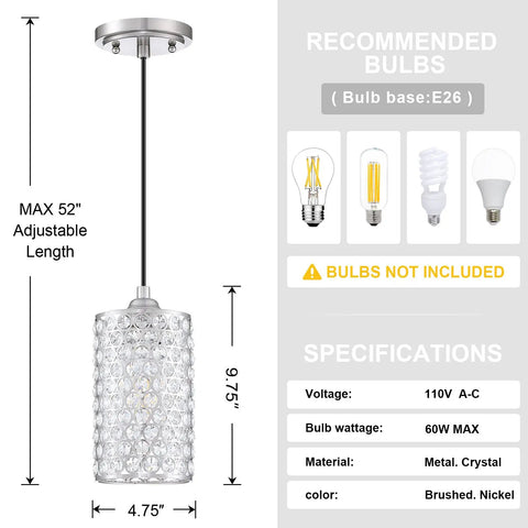 Three Pack Crystal Pendant Lights With Brushed Nickel Finish Modern Polyhedral Opal Shade For Dining Room Hallway And Living Room E26 Base LED Compatible Hardwired Ceiling Fixture Bulb Not Included. Single pendant dimensions and specs.