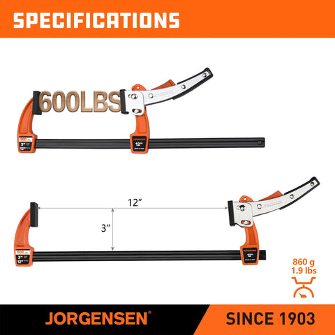 12 Inch Quick Release Bar Clamp Set For Woodworking, Ratcheting Gear Clamp With 600 Pound Load, Heavy Duty 2 Pack For Fast Secure Joints And Minimal Slippage, 12-inch specs shown