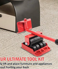 Heavy Duty Furniture Lifter And Moving Dolly Kit with wheels under a cabinet, lifting tool showing red steel lever and rollers