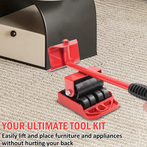 Heavy Duty Furniture Lifter And Moving Dolly Kit with wheels under a cabinet, lifting tool showing red steel lever and rollers
