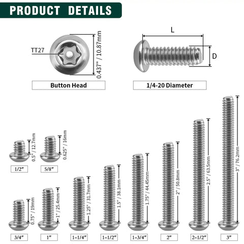 No Sweat 1/4-20 X 3/4 Inch Button Head Torx Security Screws 304 Stainless Steel for outdoor truck projects