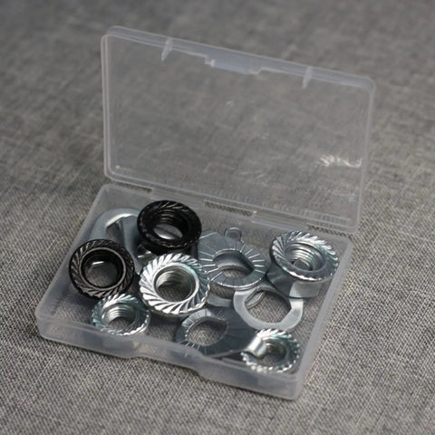 Durable Carbon Steel Bike Hub Nut And Safety Washer Kit With M8 M9.5 M10 in plastic case on gray surface