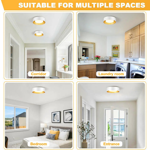 Modern Flush Mount Ceiling Light Fixture 12.5 Inch Round Close To Ceiling White And Gold Metal Minimalist Design shown in various rooms