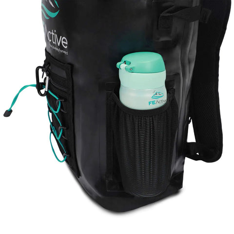 Side view of 20L All Weather Waterproof Dry Bag Backpack For Hiking, Camping, Fishing And Kayaking with bottle pocket, PVC material.