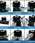 Close-up of hands using Circuit Vise With Built In Fume Extractor Mount And Tool Holder For PCB Soldering in various tasks.