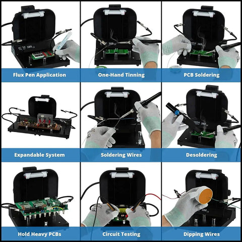 Close-up of hands using Circuit Vise With Built In Fume Extractor Mount And Tool Holder For PCB Soldering in various tasks.