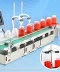 Dual Head Automatic Bottle Filler With Integrated Conveyor Belt And Effortless Digital Controls filling jars with red liquid on a conveyor.