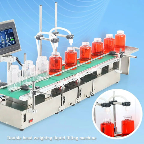 Dual Head Automatic Bottle Filler With Integrated Conveyor Belt And Effortless Digital Controls filling jars with red liquid on a conveyor.