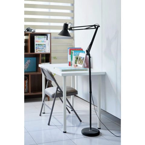 72 Inch Tall Swing Arm Floor Lamp For Office And Lounge Spaces With Multi Joint Adjustment All Metal Construction Weighted Base Black Finish Flicker Free LED Light Includes Replaceable LED Bulb Ideal Desk And Workspace