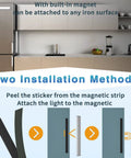 Installation methods for Dope 86 LED Wireless Closet Lights With Remote Control, showing magnetic and adhesive options.