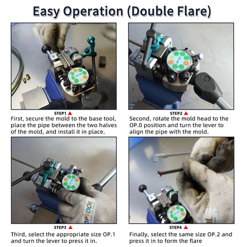 DPTOOL Brake Line Flaring Tool Kit mounted in a blue vise, showing double flare for automotive tubing (3/16-4.75mm).