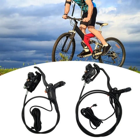 Hydraulic Disc Brake Set For E-Bikes With Left And Right Front And Rear Braking, with cyclist riding e-bike on trail
